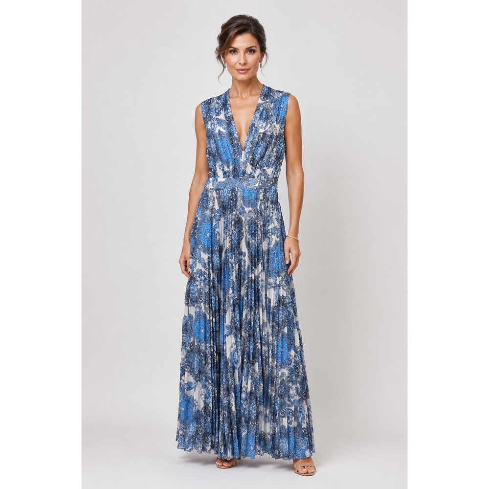 Alice + Olivia Boho Country Maxi Dress Womens 8 Blue White Batik Medallion NEW
